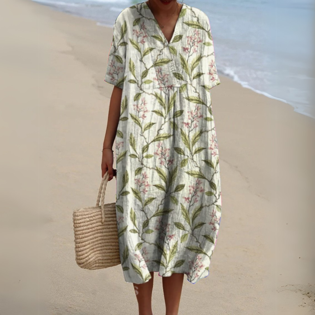 Nina V-Neck Dress | Lightweight Cotton-Linen Blend, Multicolour Summer Style 5