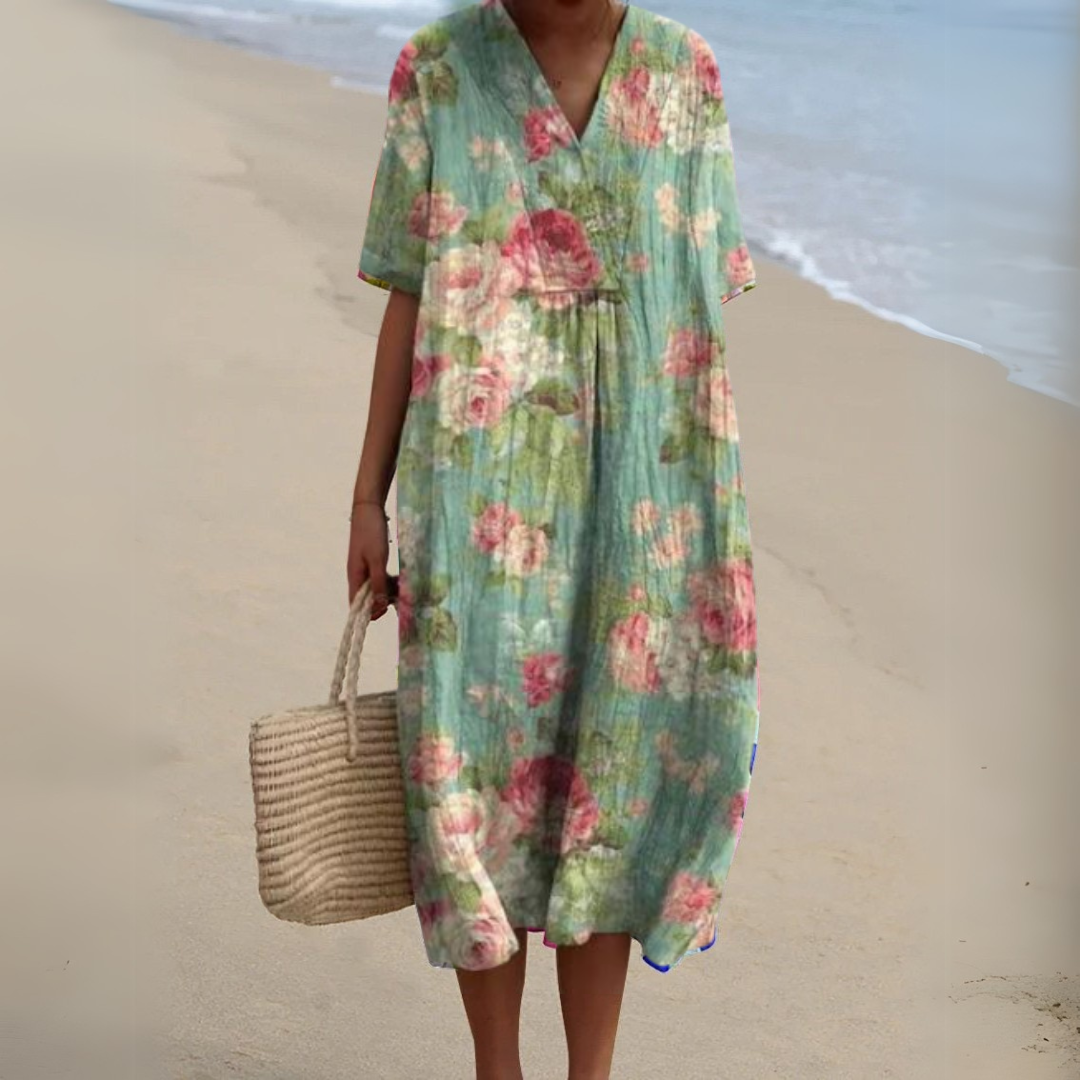 Nina V-Neck Dress | Lightweight Cotton-Linen Blend, Multicolour Summer Style 6
