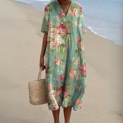 Nina V-Neck Dress | Lightweight Cotton-Linen Blend, Multicolour Summer Style 6