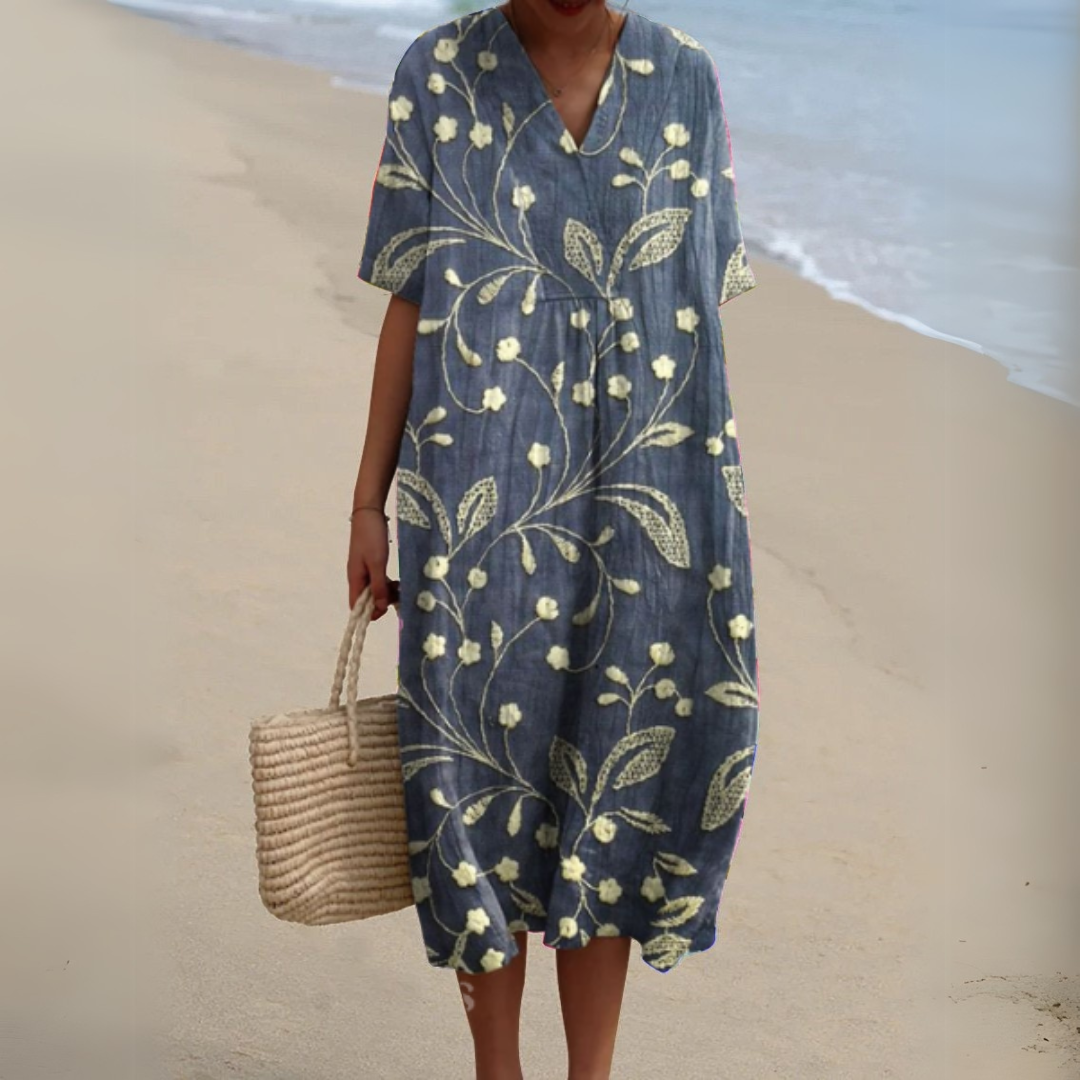 Nina V-Neck Dress | Lightweight Cotton-Linen Blend, Multicolour Summer Style 7