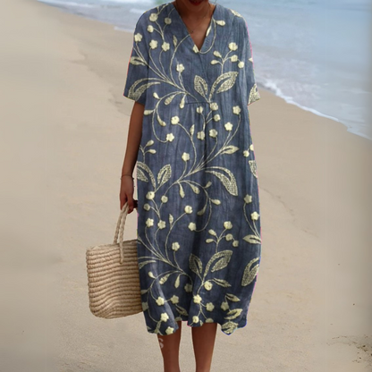Nina V-Neck Dress | Lightweight Cotton-Linen Blend, Multicolour Summer Style 7