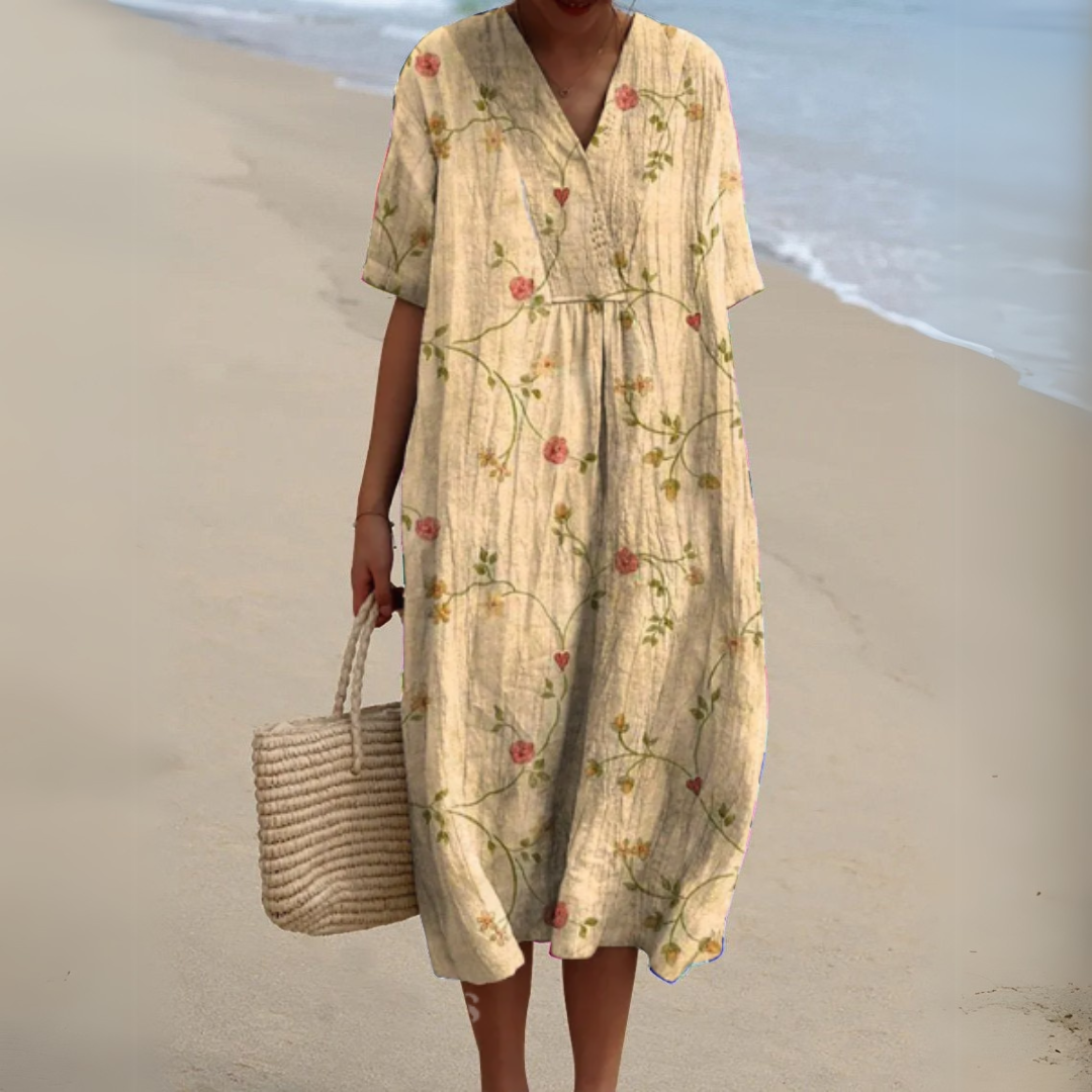 Nina V-Neck Dress | Lightweight Cotton-Linen Blend, Multicolour Summer Style 9