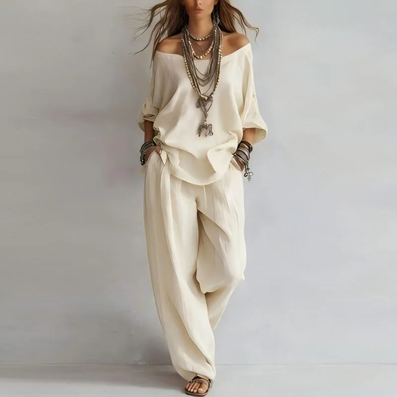 Pavla Co-Ord Set | Off-Shoulder Top & Wide-Leg Trousers for Women 4
