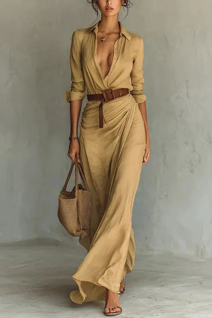 Pera Maxi Dress | Long Sleeve, Deep V Neckline, Ankle-Length 0