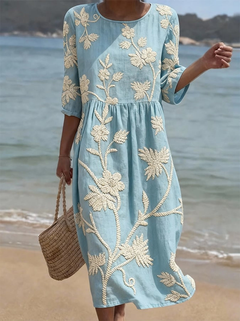 Saffron Floral Dress | Lightweight Linen-Cotton Blend, Midi Length 0