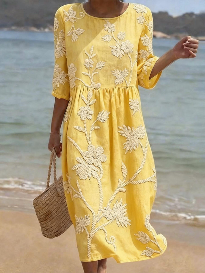 Saffron Floral Dress | Lightweight Linen-Cotton Blend, Midi Length 4