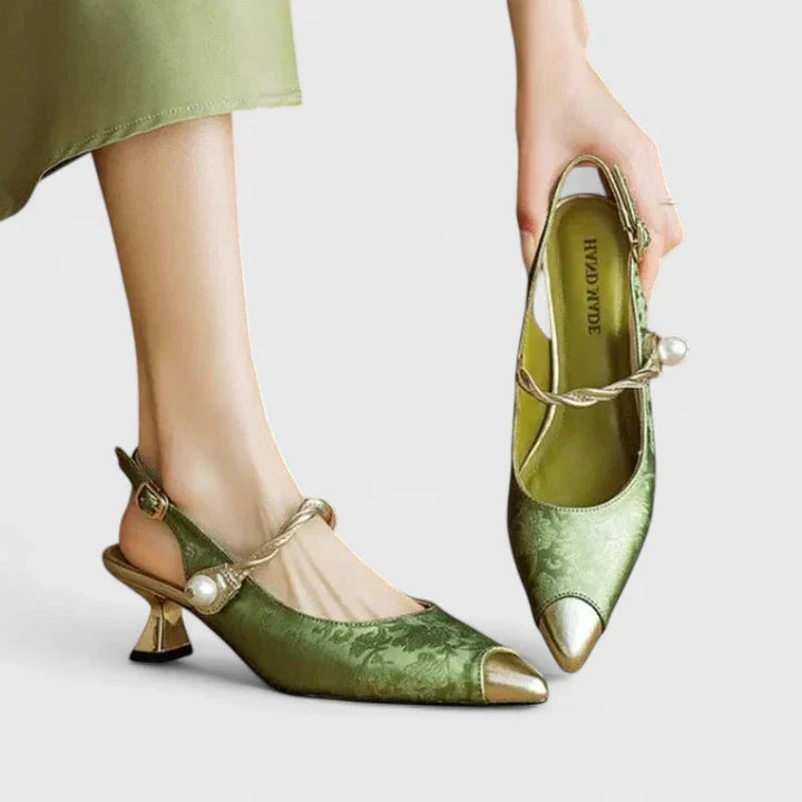 Sera Block Heel Wedding Shoes | Comfortable Pearl Strap, Floral Texture 0