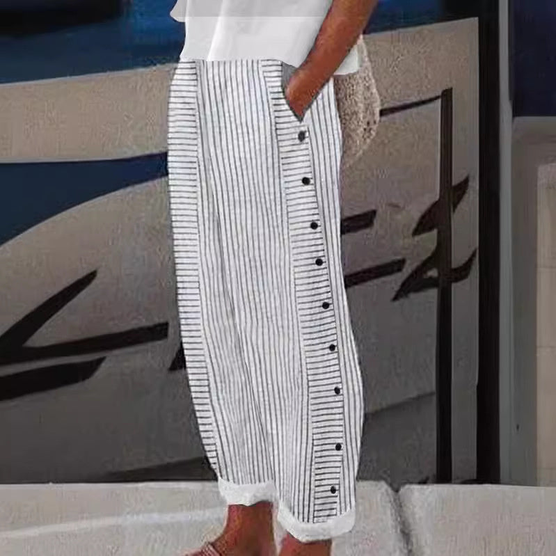 Sera Linen Pants | Striped, Relaxed Fit with Button Accents 0