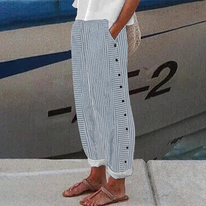 Sera Linen Pants | Striped, Relaxed Fit with Button Accents 1