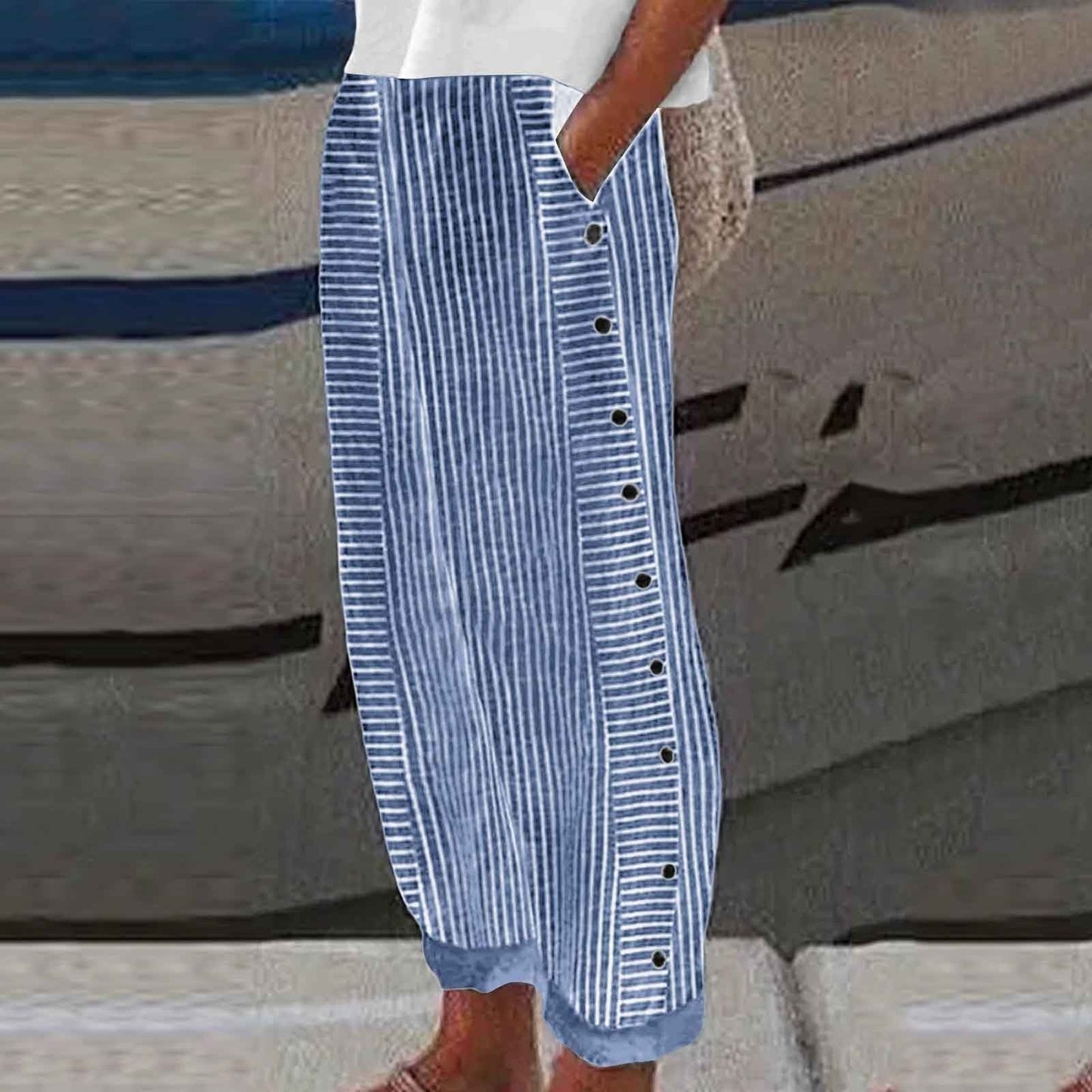 Sera Linen Pants | Striped, Relaxed Fit with Button Accents 2