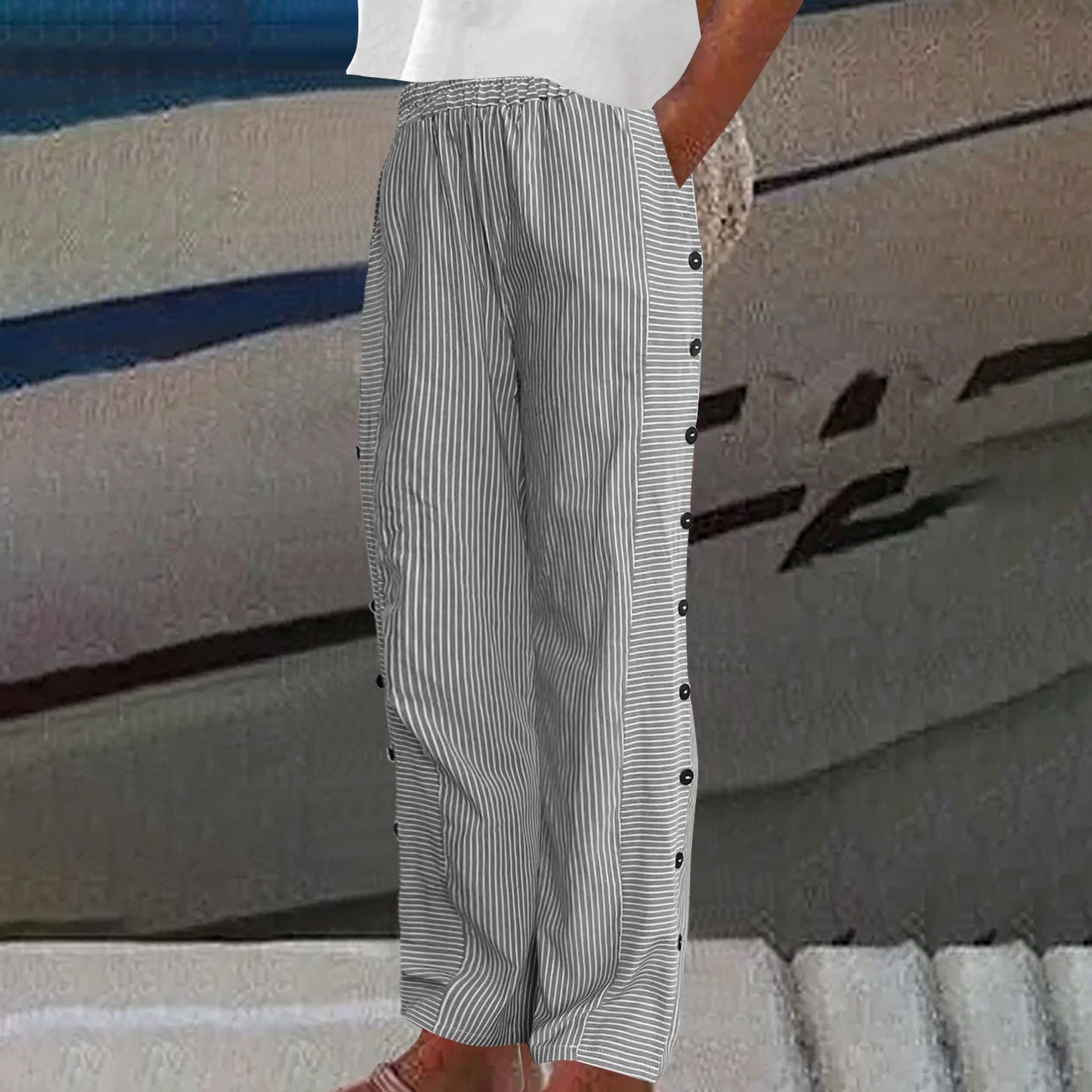 Sera Linen Pants | Striped, Relaxed Fit with Button Accents 3