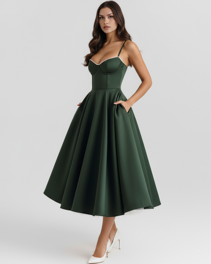 Sienna Midi Dress | Satin Feel, Boned Bodice, Wedding Guest Dress 0