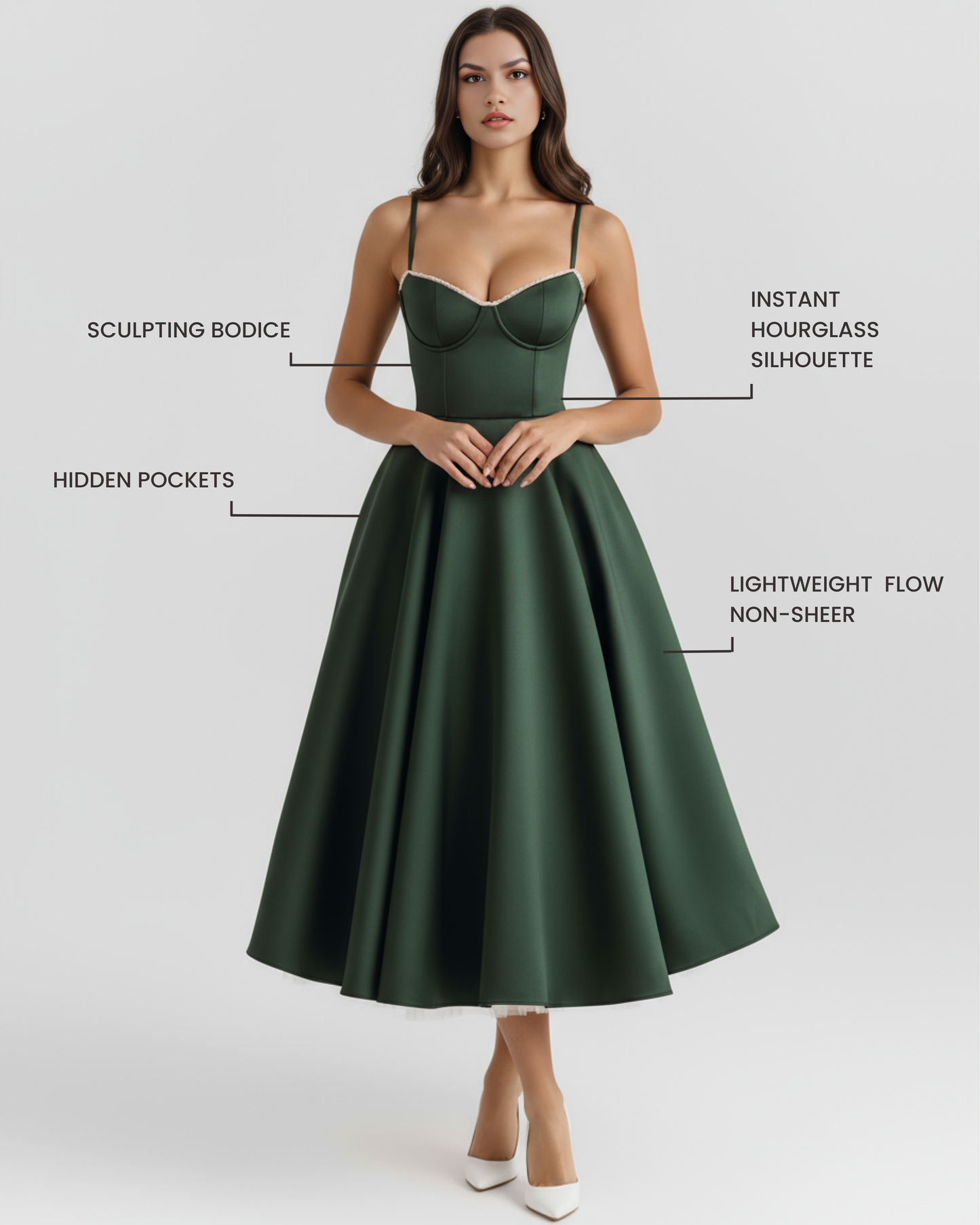 Sienna Midi Dress | Satin Feel, Boned Bodice, Wedding Guest Dress 1
