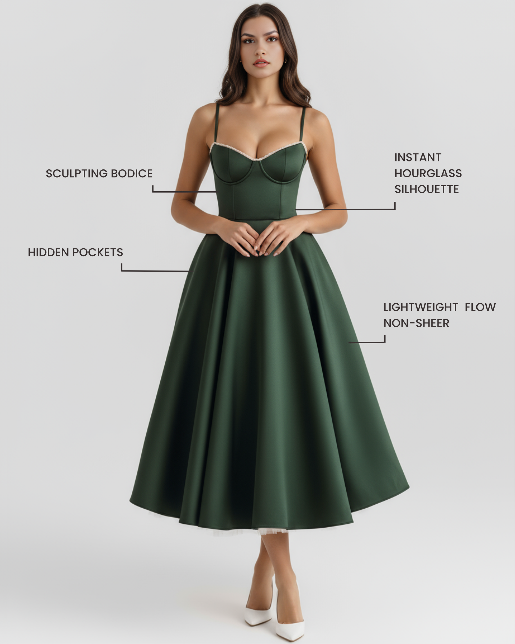 Sienna Midi Dress | Satin Feel, Boned Bodice, Wedding Guest Dress 1