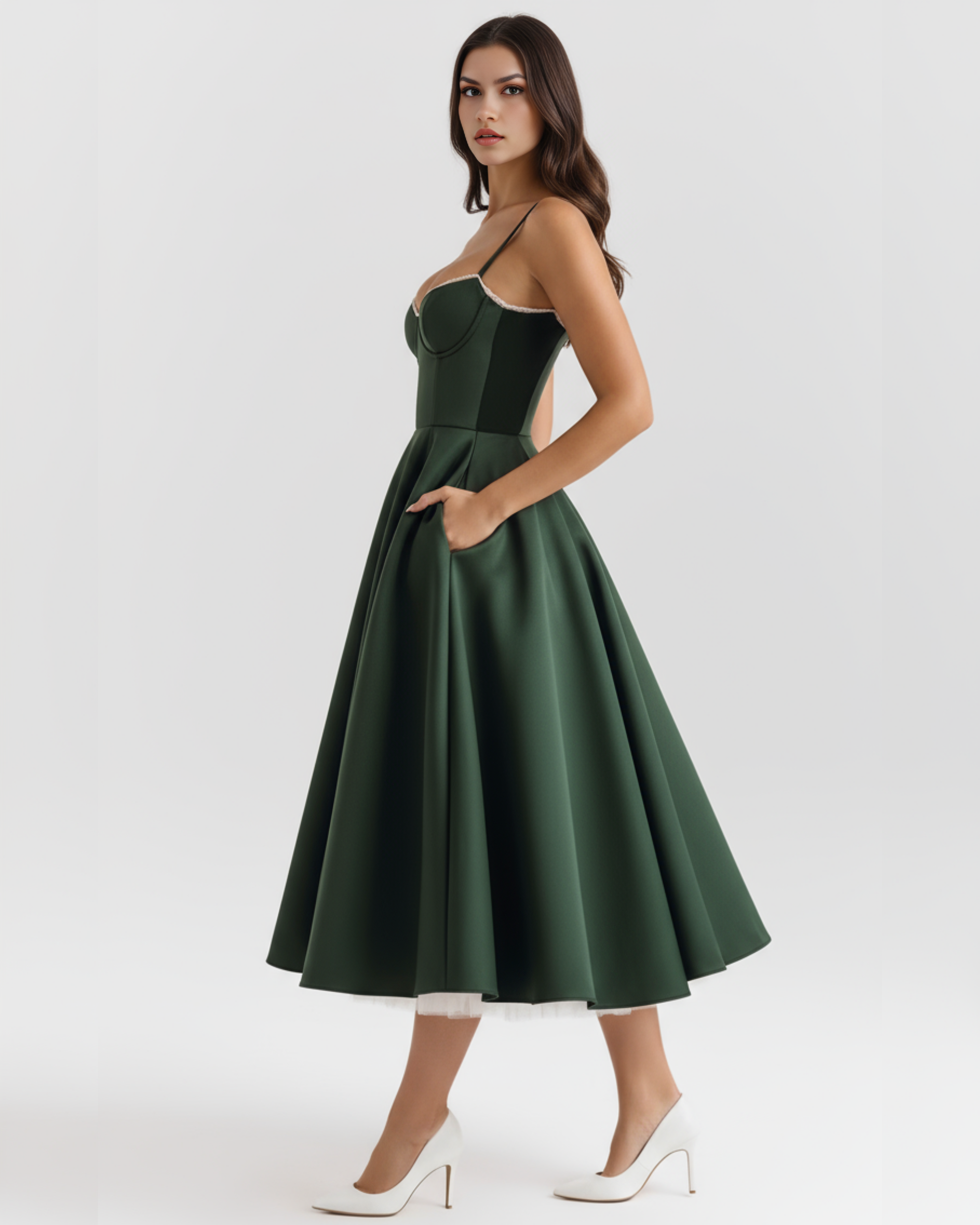 Sienna Midi Dress | Satin Feel, Boned Bodice, Wedding Guest Dress 3