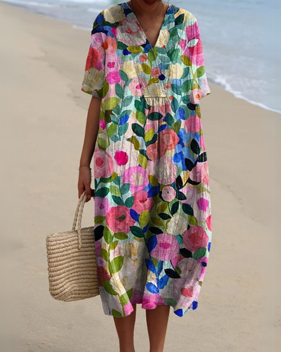 Nina V-Neck Dress | Lightweight Cotton-Linen Blend, Multicolour Summer Style