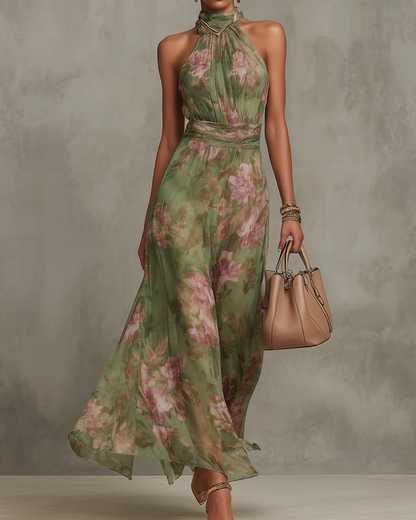 Glenna Floral Maxi Dress | Lightweight Chiffon, Halter Neck