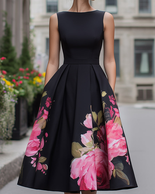 Elysia Black Dress | Floral A-Line Midi for Formal Events