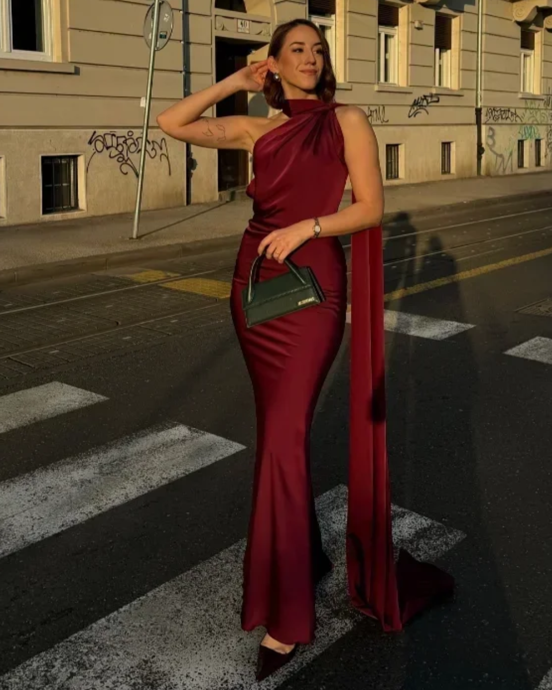 Wendy Long Dress | Elegant Draped Design, Unique Asymmetrical Strap - Perfect for Wedding Guests and Summer Events