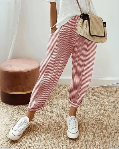 Luxe Comfort Women's Pants | High Waist, Stripe Design, Breathable Polyester
