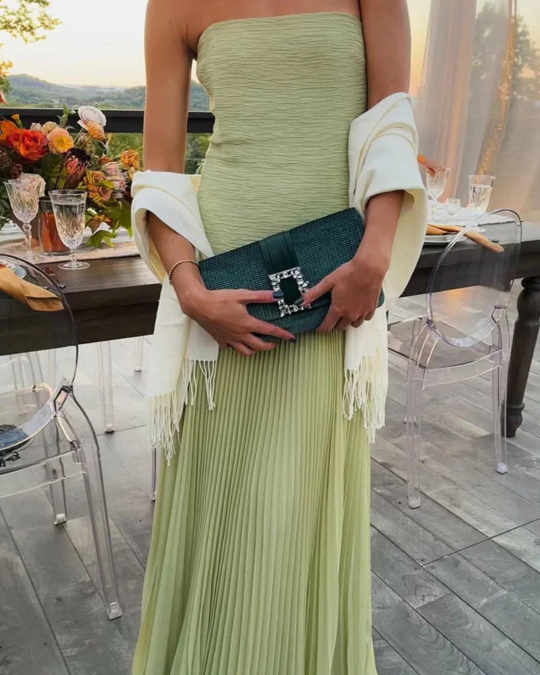 Gina Long Dress | Elegant Green Pleated Formal Dress for Wedding Guests