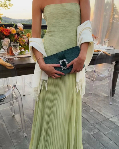 Gina Long Dress | Elegant Green Pleated Formal Dress for Wedding Guests