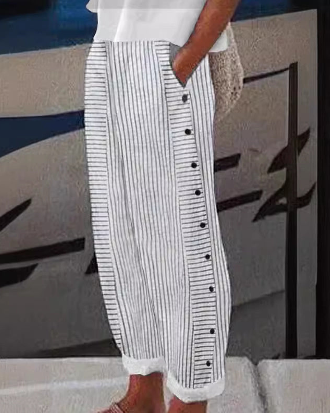 Sera Linen Pants | Striped, Relaxed Fit with Button Accents