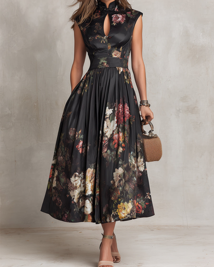 Blythe Midi Dress | Satin, Keyhole Collar, Pleated Skirt for Wedding Guest and Formal Events