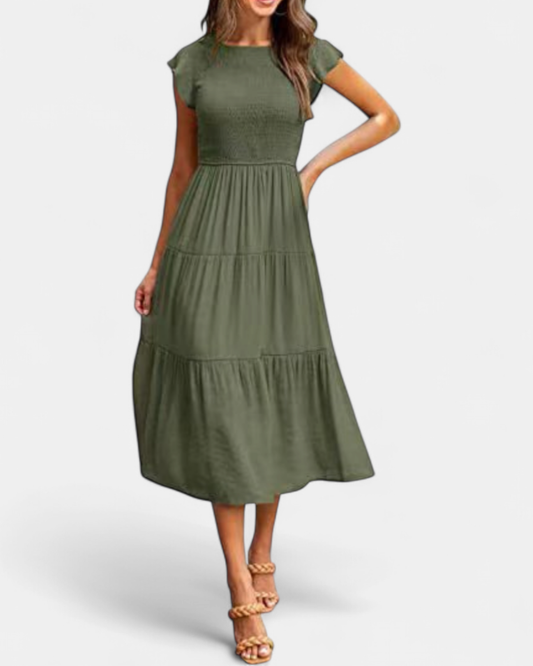 Kriselle Midi Dress | Flutter Sleeve A-Line Black Dress for Wedding Guests and Summer Events