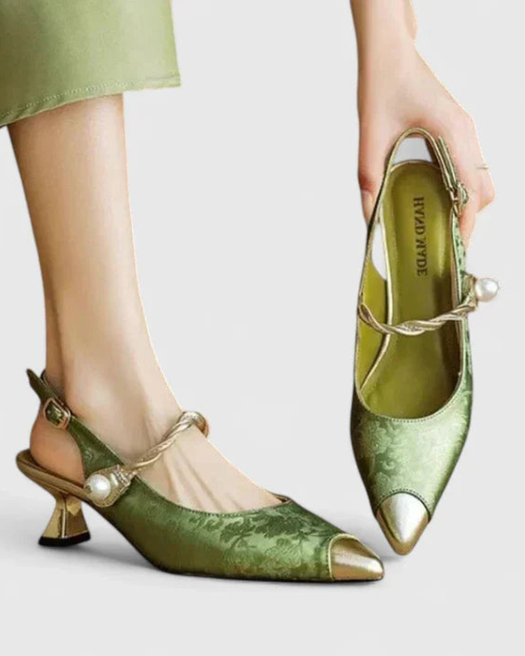 Sera Block Heel Wedding Shoes | Pearl Strap, Floral Texture