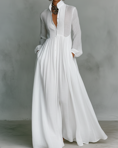 Celia Maxi Dress | Long Sleeve, Collared Button Front, Pleated Skirt