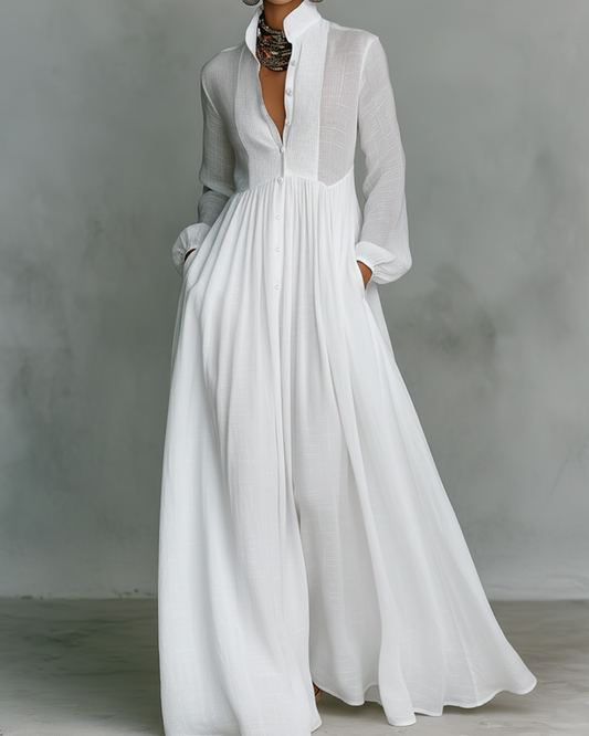 Celia Maxi Dress | Long Sleeve, Collared Button Front, Pleated Skirt