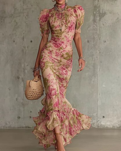 Rhea Floral Maxi Dress | Vintage Rose Print, Puff Sleeves