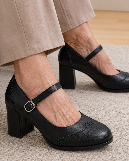 Kris Mary Jane Shoes | Brogue Block Heel