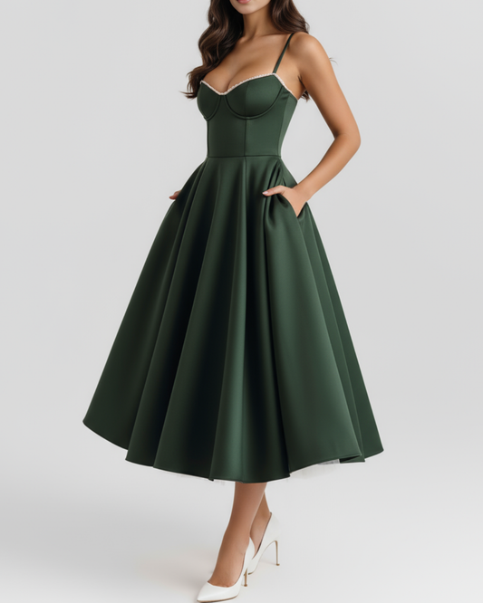 Sienna Midi Dress | Satin Feel, Boned Bodice, Wedding Guest Dress