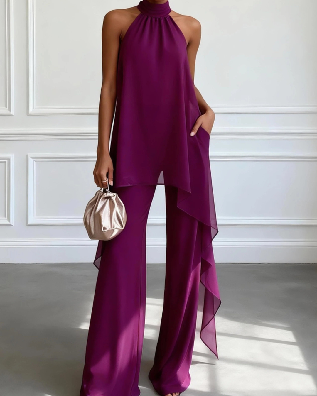 Prina Women's Set | Elegant Halter Top and Pants, 100% Polyester