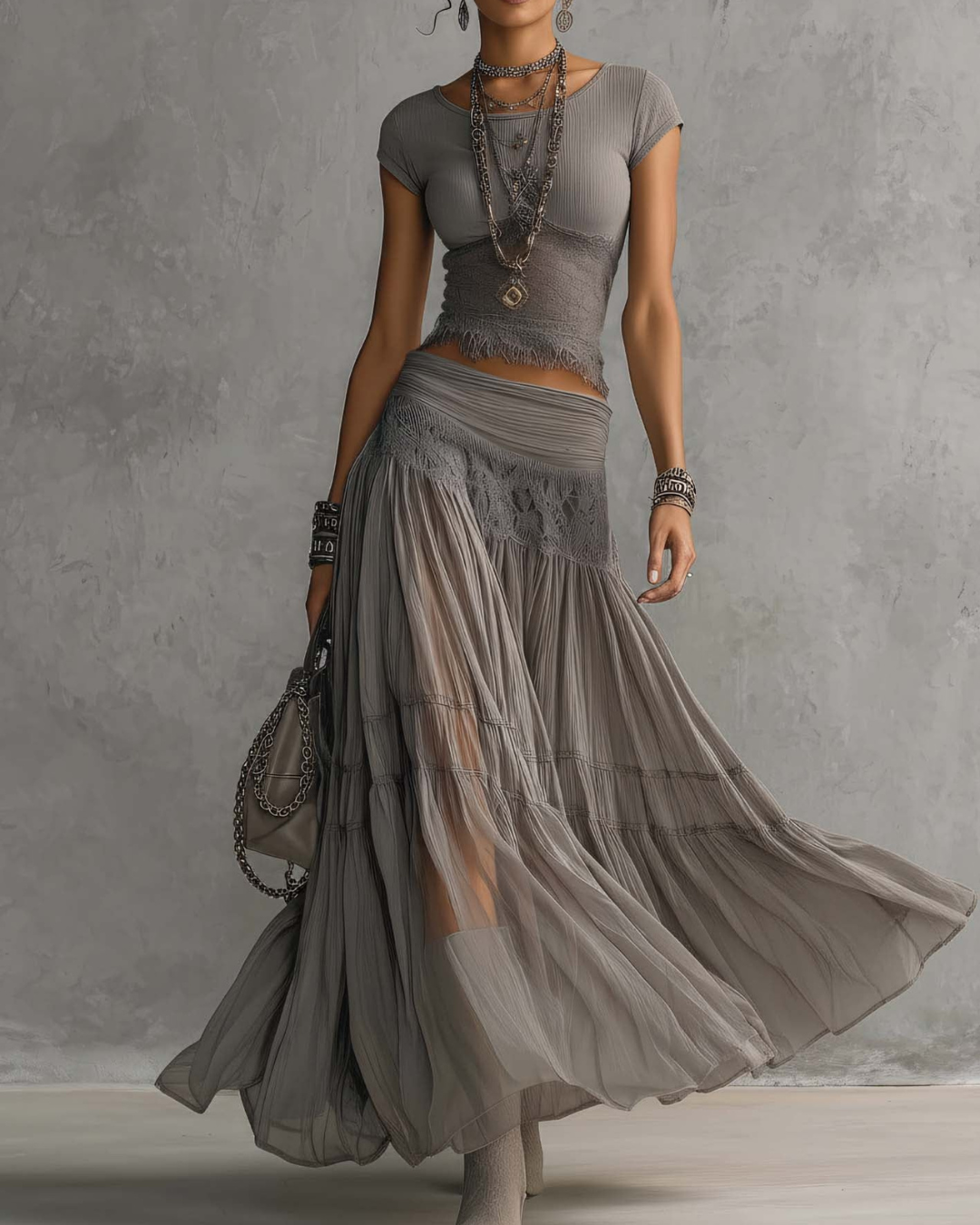 Glenna Two-Piece Set | Sheer Lace Top and Pleated Maxi Skirt for Summer and Formal Events