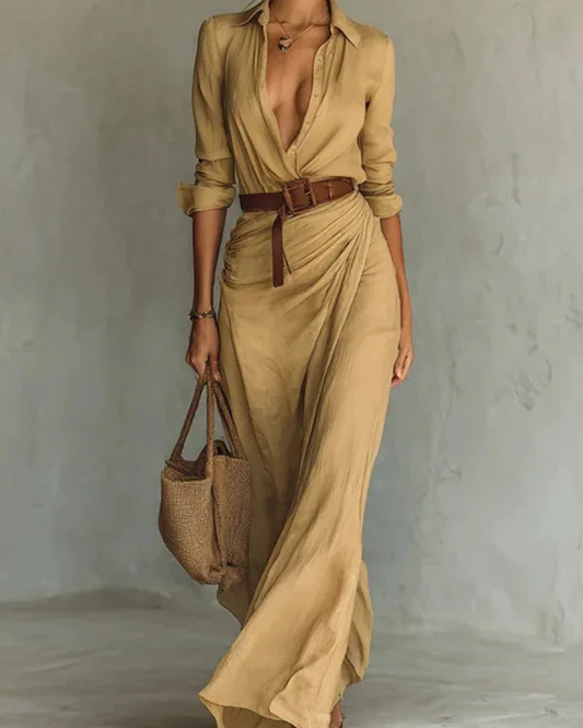 Pera Maxi Dress | Long Sleeve, Deep V Neckline, Ankle-Length