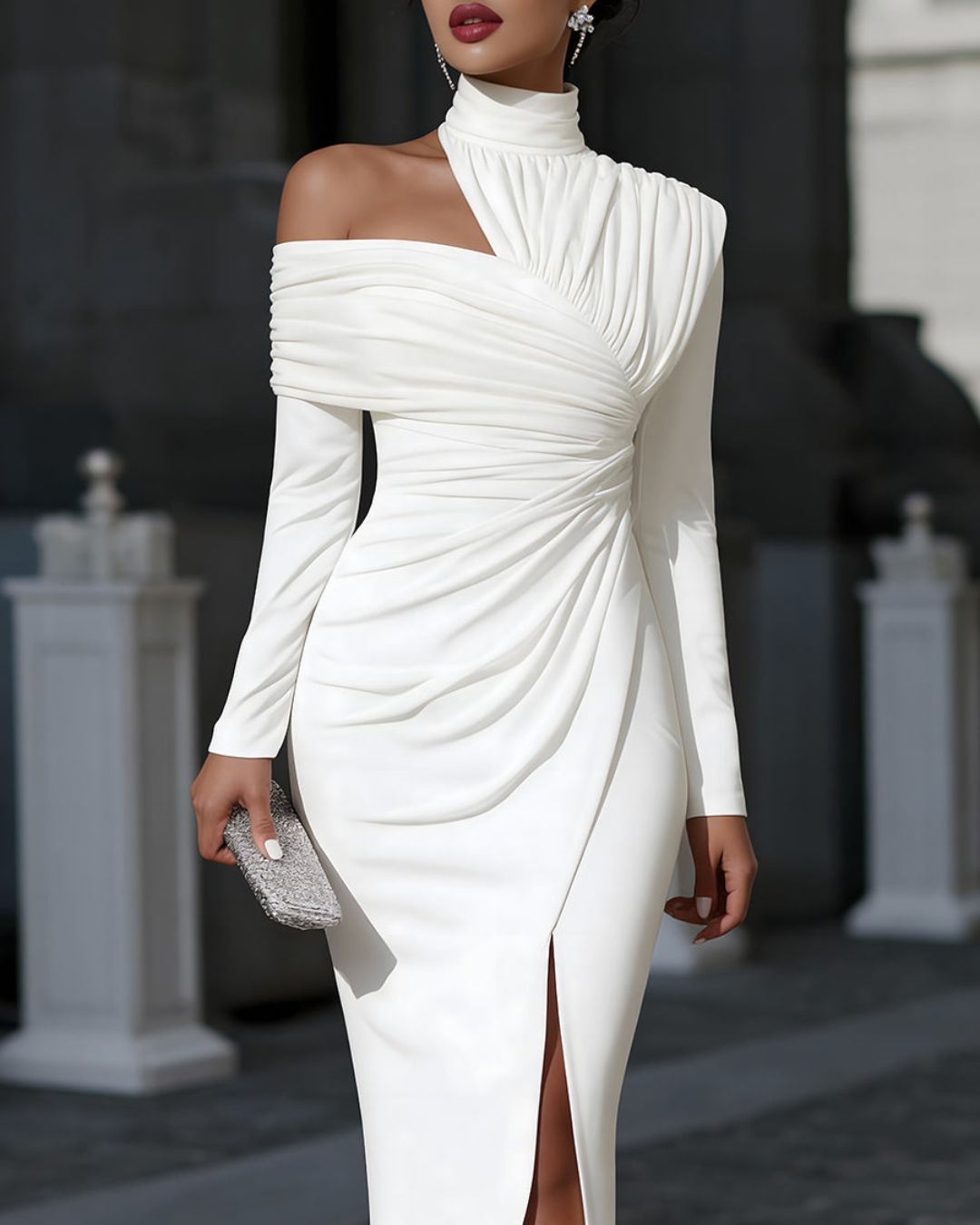 Astra Evening Gown | Asymmetric Draped, High-Neck Design for Formal Events