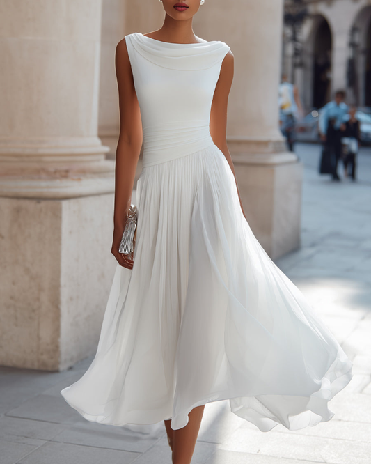 Mira Midi Dress | Draped Neck, Pleated Skirt for Women's Formal & Cocktail Events