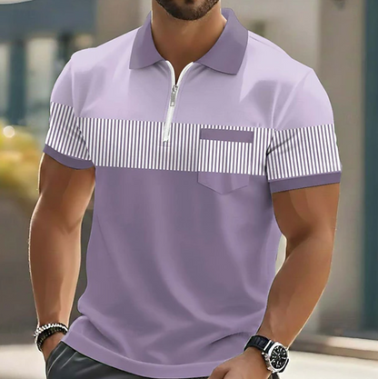 Theo Men's Polo Shirt | Casual Striped Design with Zipper Closure 1