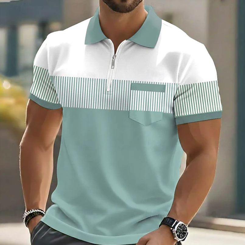 Theo Men's Polo Shirt | Casual Striped Design with Zipper Closure 2