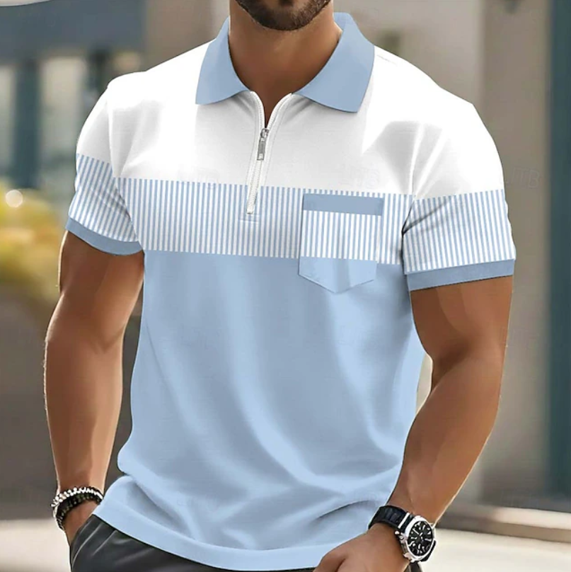 Theo Men's Polo Shirt | Casual Striped Design with Zipper Closure 3