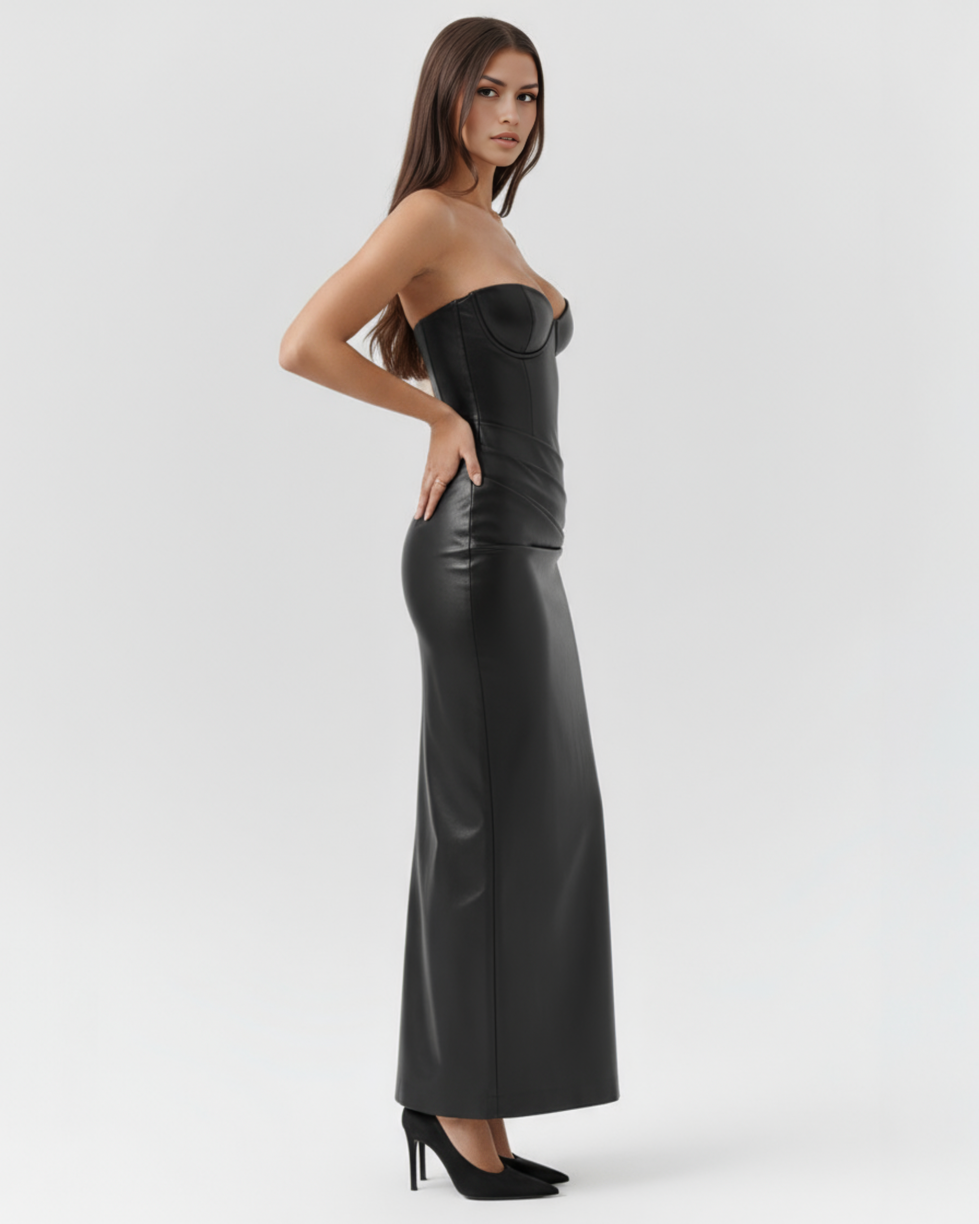 Vera Midi Dress | Stretch Vegan Leather, Strapless Black Cocktail Dress 5