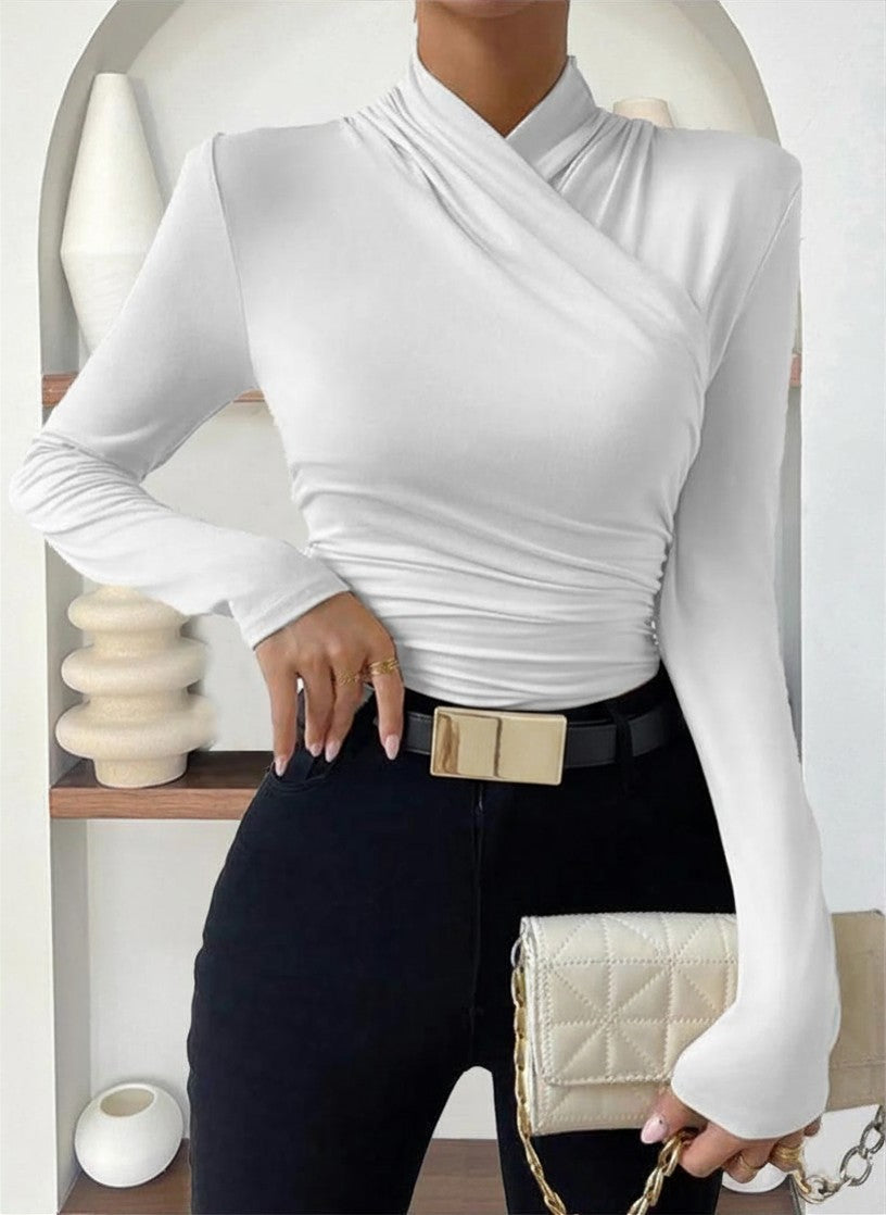 Cora Long Sleeve Crop Top | Cross-Over Collar, Slim Fit, Jersey